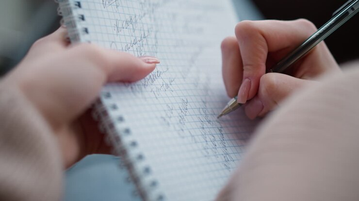 Close up of lady writing with pen in her notebook, focus on hand and writing, hand elegantly holding pen while making notes on lined paper, showcasing writing process