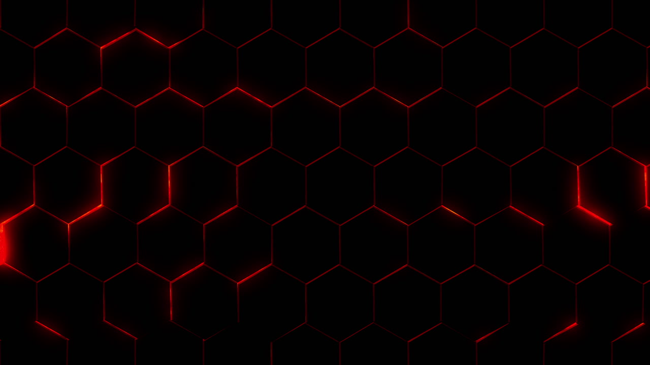 Futuristic surface of dark hexagons with neon red glow. Technological background with patterns. Looped seamless animation.