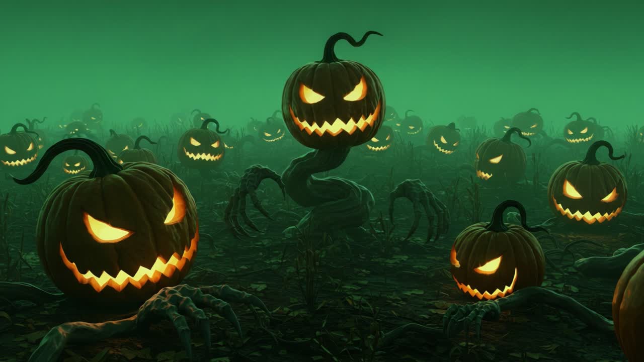 Eerie Halloween Scene with Spooky Pumpkins and Writhing Vines in a Haunted Foggy Atmosphere, Perfect for Setting a Chilling Mood for the Season
