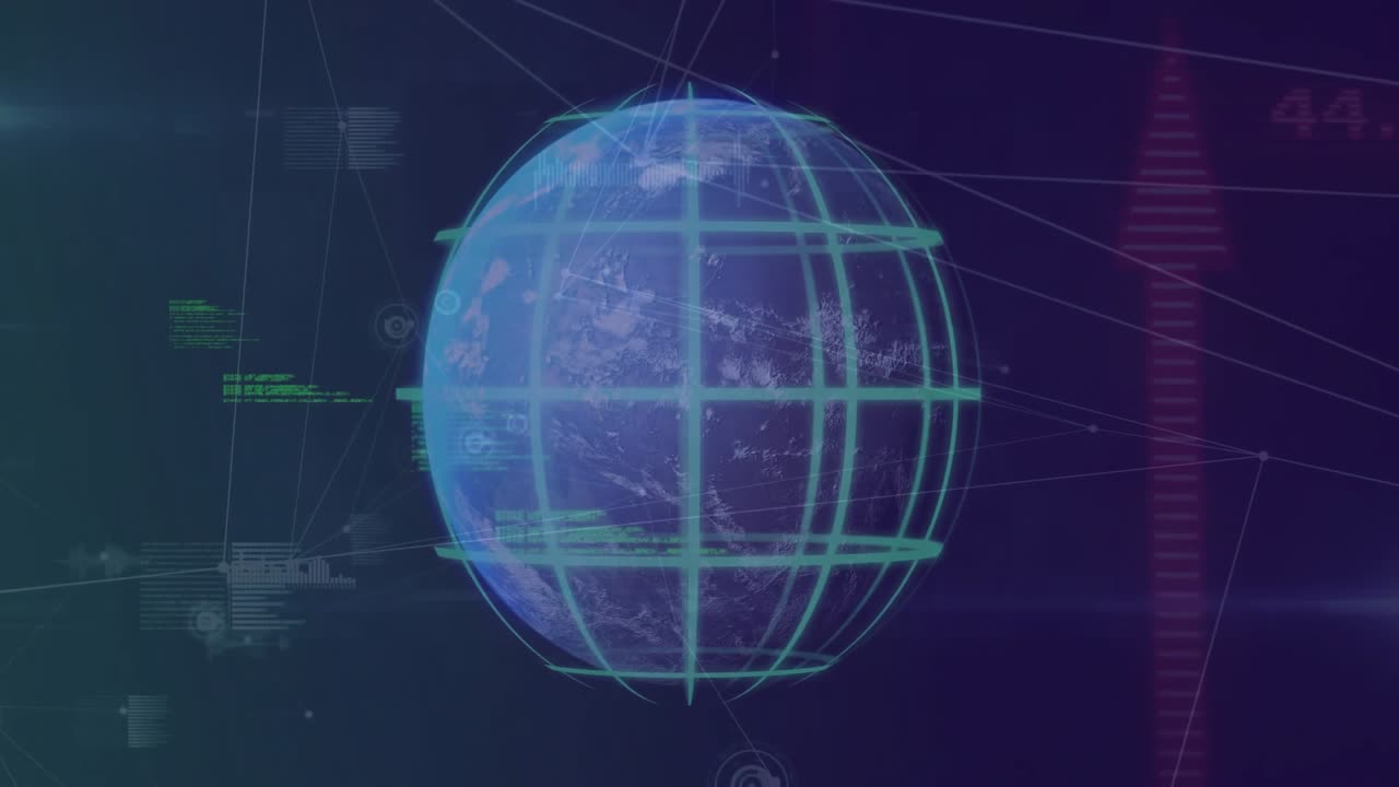 Interface starting turquoise globe rotating with code sliding, graphs rising, visualizing data flow