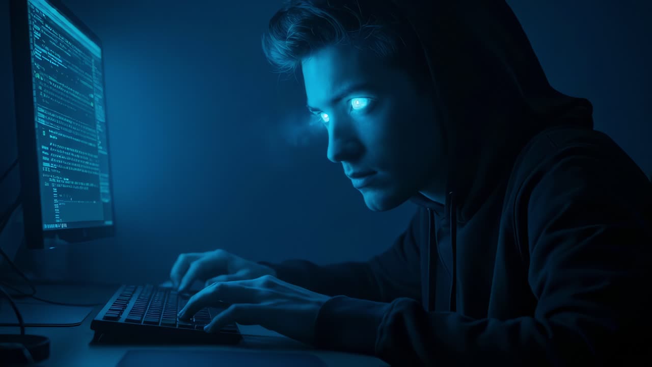 Montage of a young computer programmer with hoodie rapidly typing on keyboard while looking at computer screen with code in a dark room lit by blue light