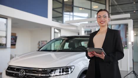 Happy Saleswoman in Black Suit Working at Automobile Dealership Professionalism Management Concept. Happy saleswoman in black suit working at automobile dealership. Professionalism, management concept. High quality footage