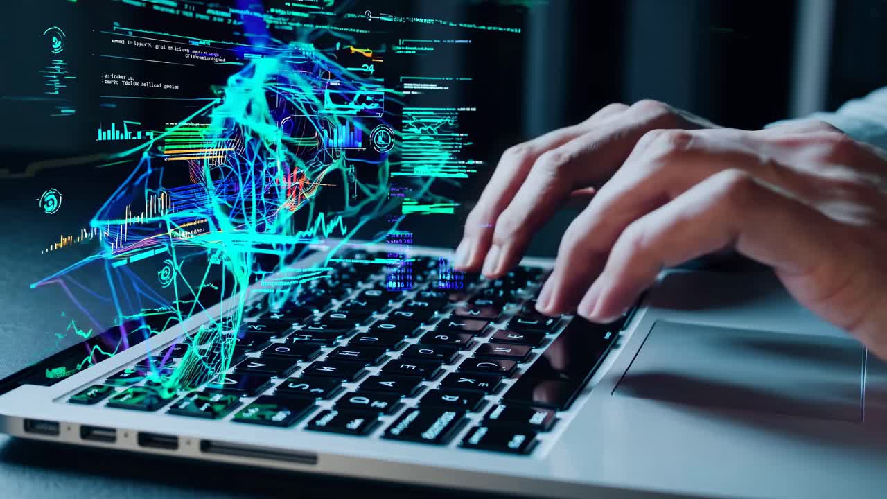 Close-up, angled shot of hands typing on a laptop with digital data overlays, conveying a futuristic