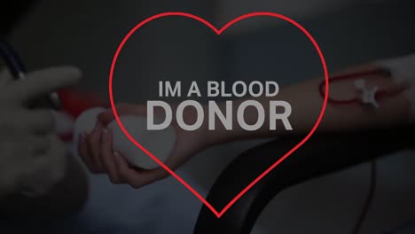 Animation-of-heart-frame-and-im-a-blood-donor-text-over-caucasian-female-doctor-with-patient