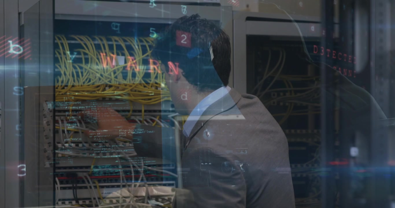 IT Technician Working on Server Rack with Cybersecurity Data Overlay