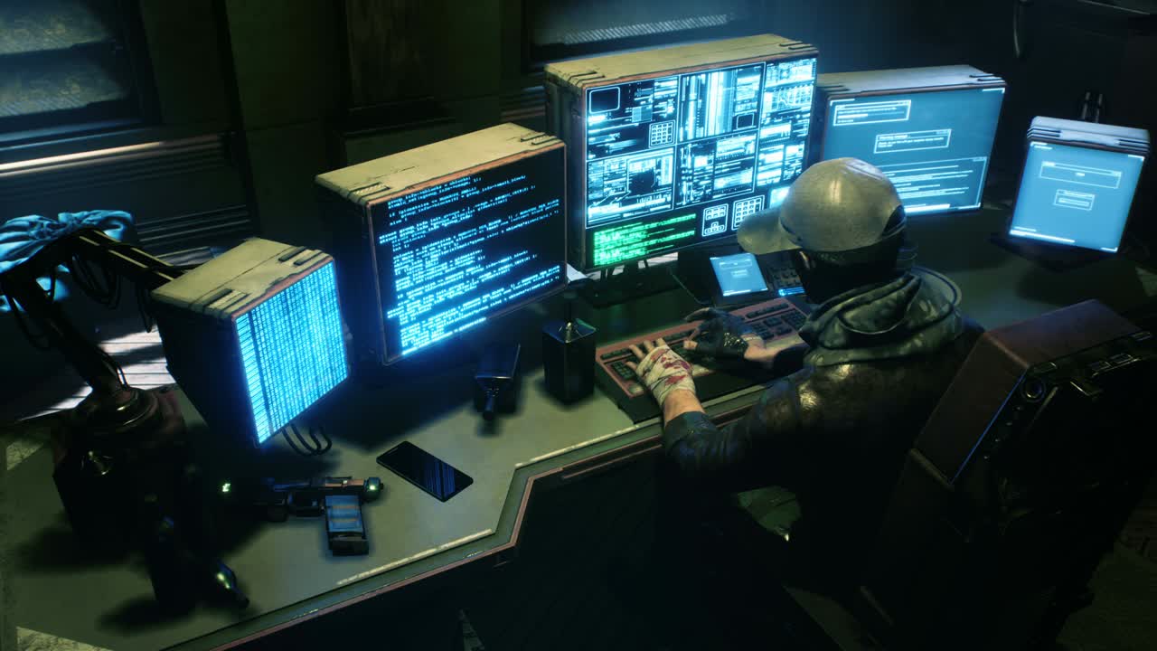 A male hacker surrounded by glowing monitors hacks into someone else's computer network in a dark room of his office. Seamless looping animation for fiction, cyber and sci-fi backgrounds.