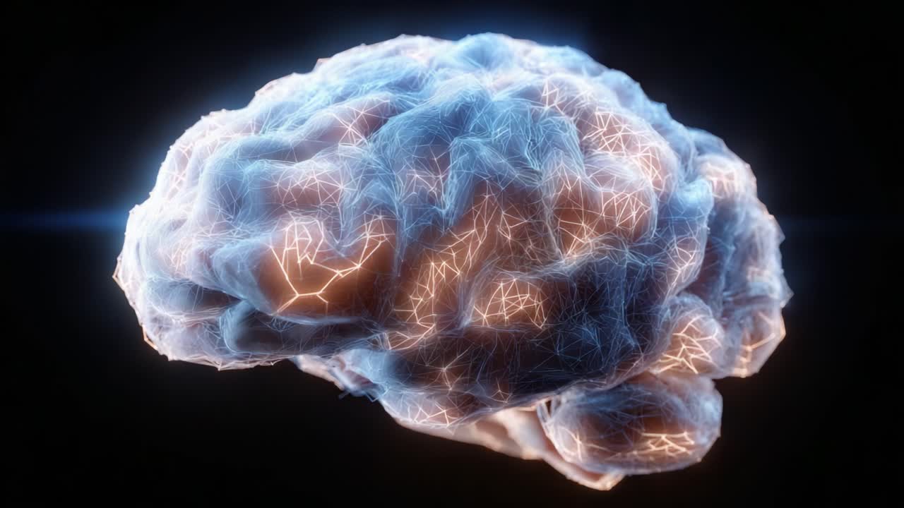 Illuminated Brain Representation: A Close-Up View of Neural Activity and Energy Transmission, Showcasing the Intricacies of Cognitive Processes in a 3D Model