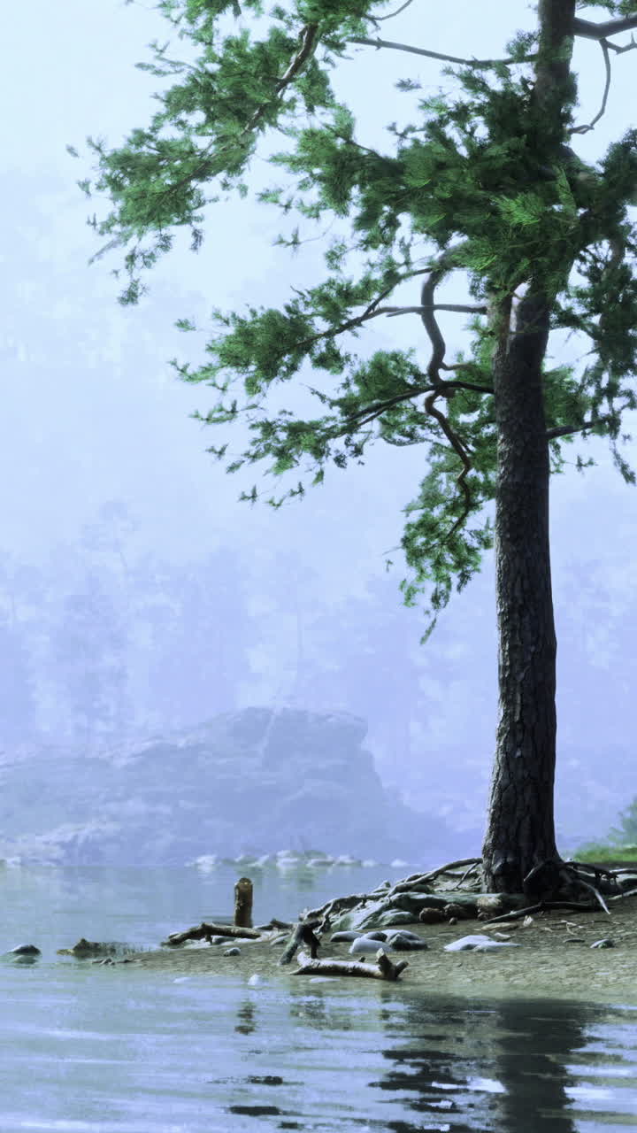 Calm river bank surrounded by trees and rocks in misty morning light