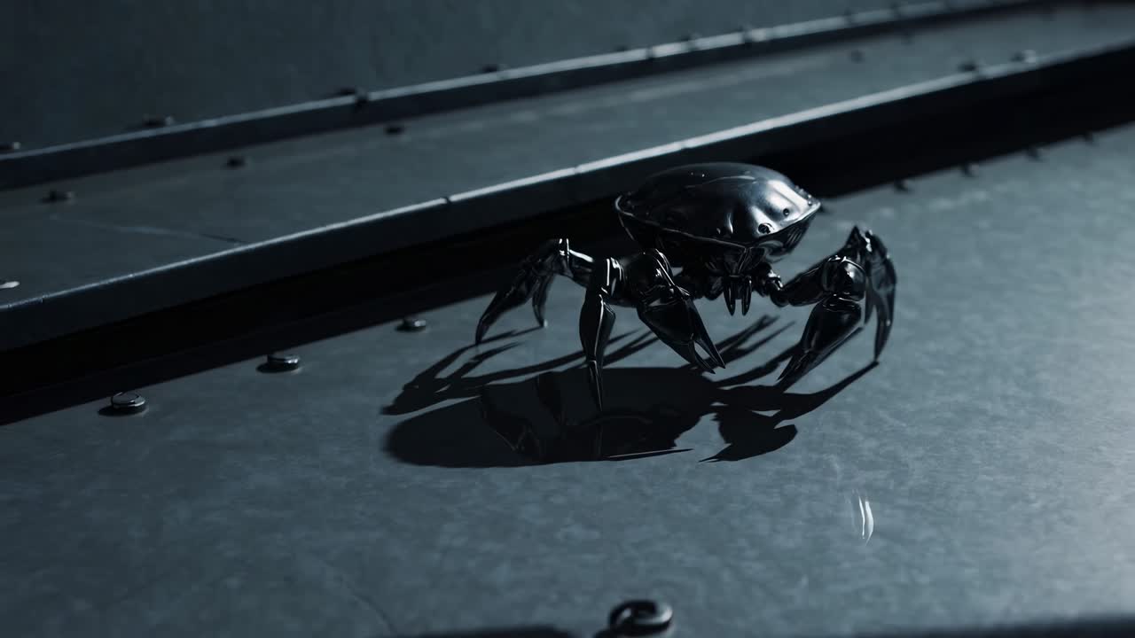 Dark Robotic Spider-Like Creature on Metal Surface