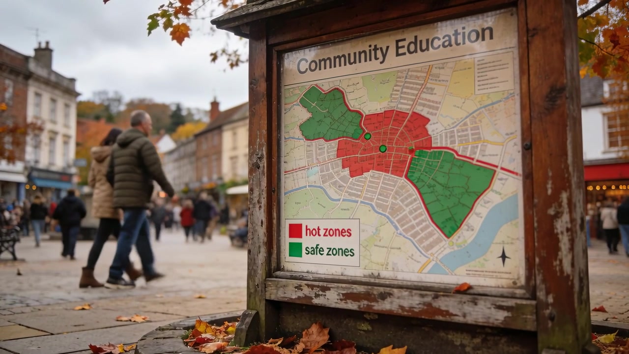 Bacheca informativa della comunità in piazza, zone rosse o verdi, persone in cappotto che escono dai negozi, centro benessere.