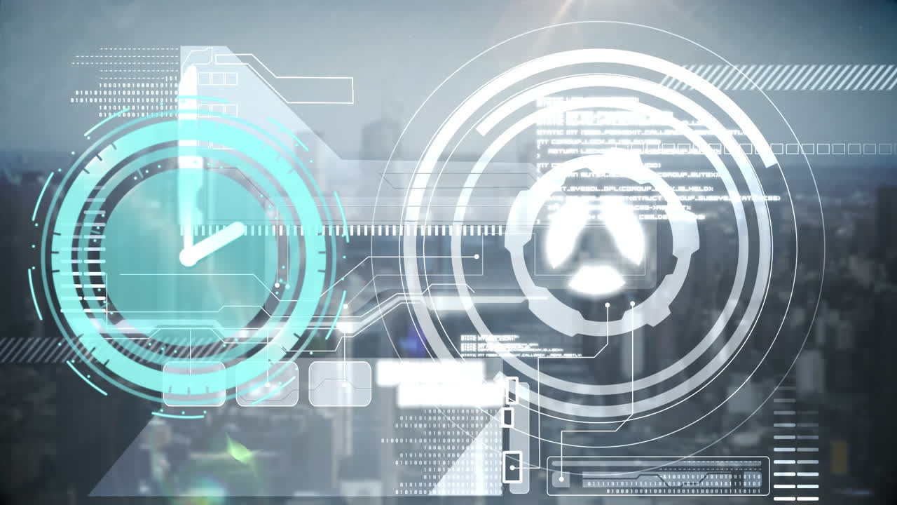 Animation of clock moving over processing circle, data and cityscape