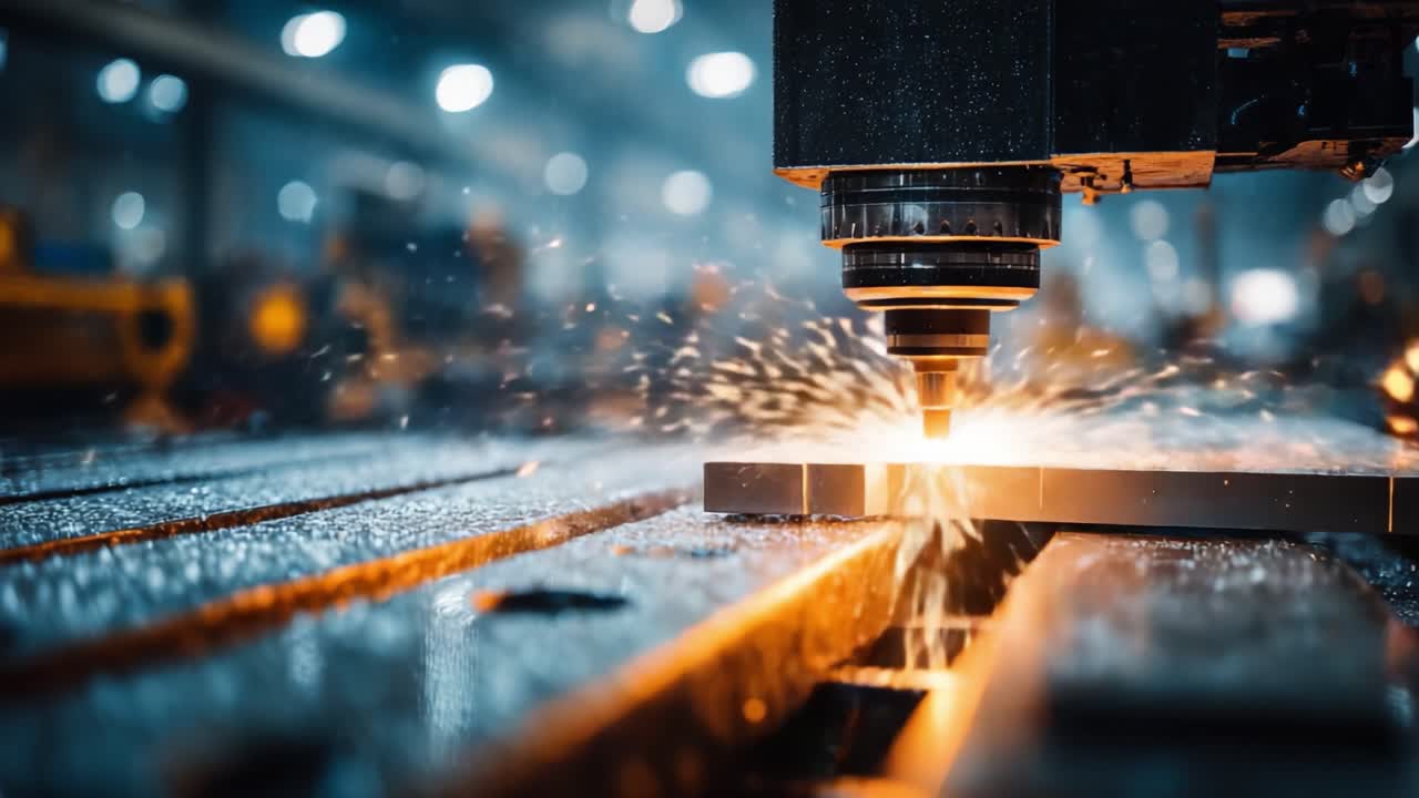 Precisione dinamica: Un primo piano di macchinari CNC avanzati in azione, che mostra il processo di taglio di precisione dei metalli con scintille e dinamiche dei fluidi.