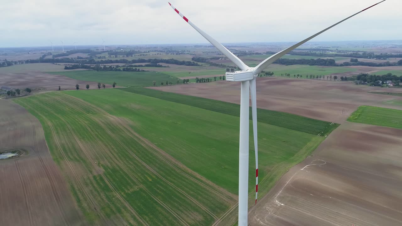 Turbine eoliche per la produzione di energia pulita si ergono sul lussureggiante campo verde di giorno a Kwidzyn, Voivodato della Pomerania, Polonia