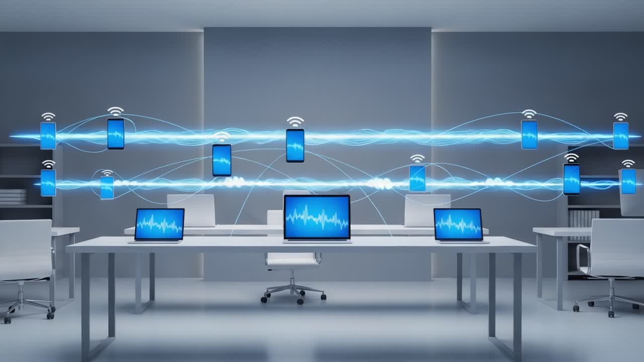 Visual Representation of Sound Waves and Connectivity in a Modern Office Environment Featuring Multiple Devices and Digital Interactions