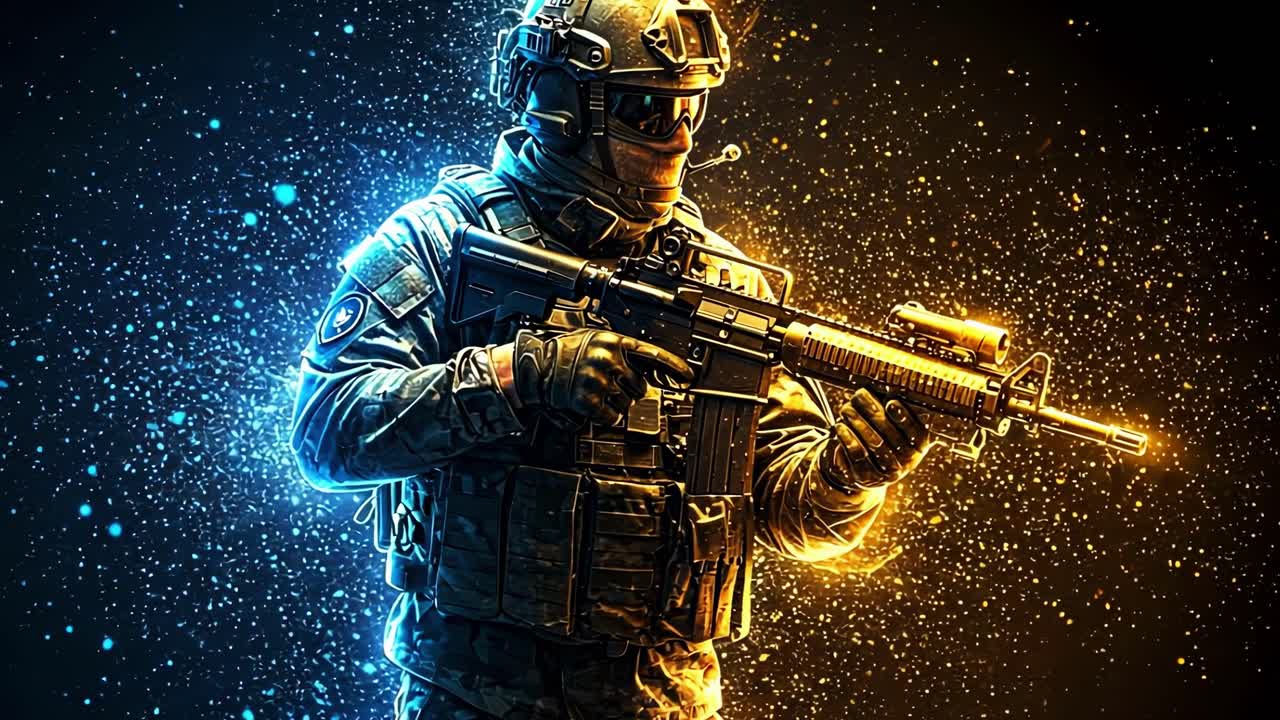 A soldier clad in tactical gear stands firmly, gripping his weapon, while a lively backdrop of vibrant blue and orange lighting surrounds him