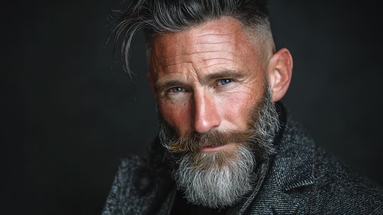 Et slående portræt, der indfanger essensen af en karismatisk mand med et storslået skæg og stilfuld frisure, og som udstråler selvtillid og maskulinitet på en tidløs måde.