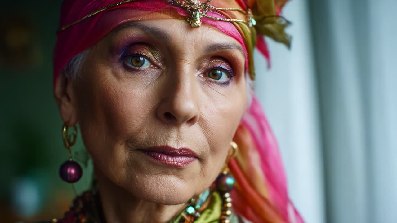 Ritratto accattivante di un'elegante signora anziana vestita con colori vivaci e accessori raffinati, che emana grazia e saggezza con un'espressione incantevole