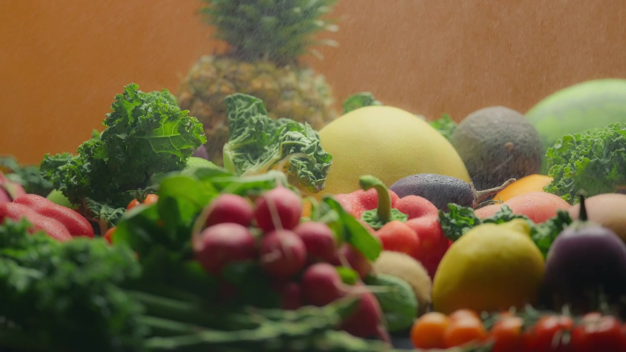 Acqua che schizza su un assortimento di frutta e verdura su sfondo arancione.