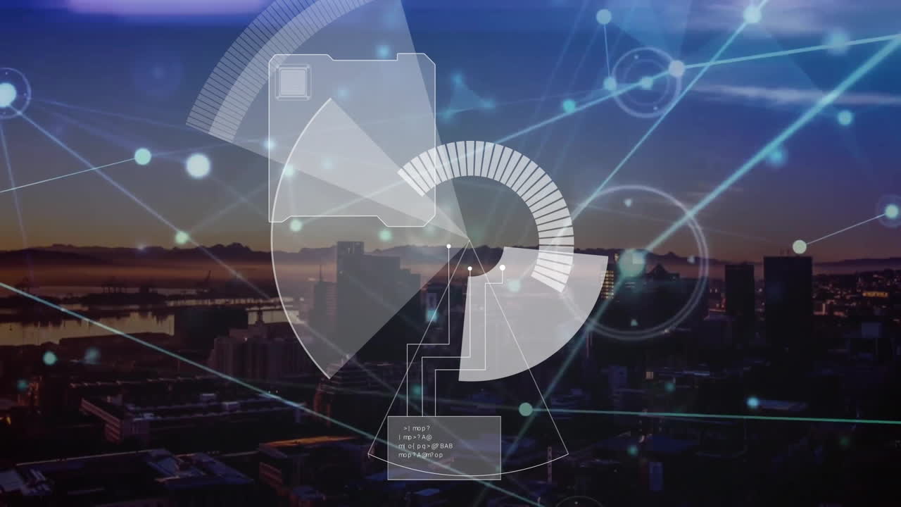 도시 풍경에 대한 아이콘과 범위의 연결 네트워크의 애니메이션