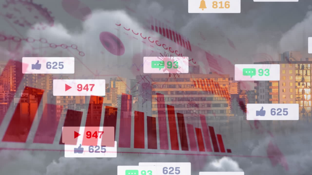 코로나19 통계 데이터 처리는 디지털 아이콘을 통해 도시 풍경에 대한 증가하는 수치를 나타 ⁇ 니다.