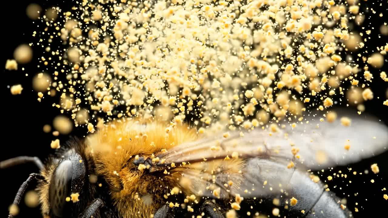 Primo piano macro di un'ape coperta di polline che cade.