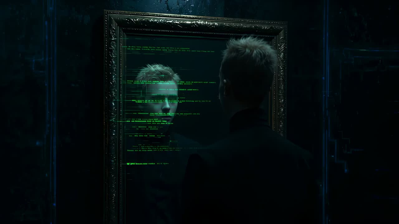 Se mand i mørk rullekrave, der står foran et spejl og aktiverer et grønt hologramhoved i et dunkelt rum, mens han studerer det