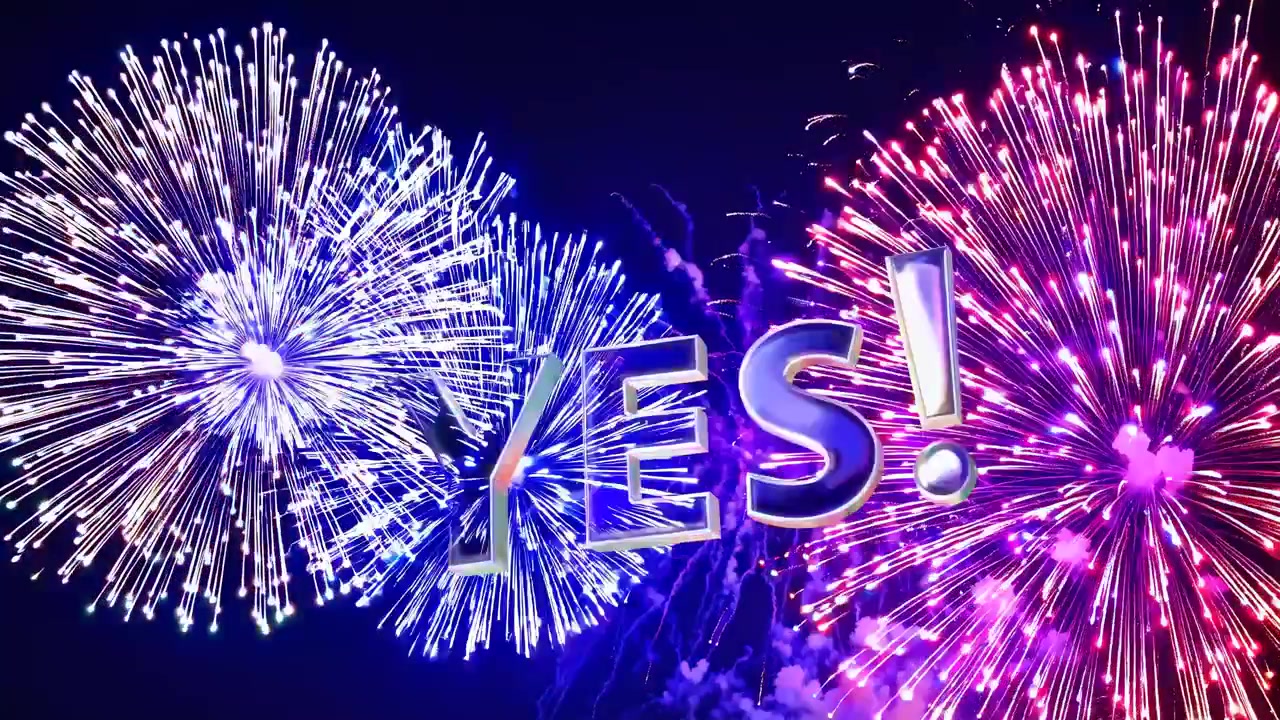 Palabra animada '¡SÍ!' con fuegos artificiales explotando en el cielo nocturno