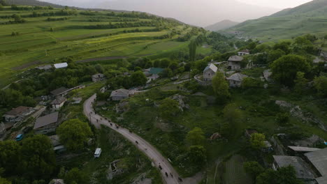 Herd-Of-Cattle-Walking-On-The-Hillside-Road-Through-Rural-Chobareti-Village-in-Georgia