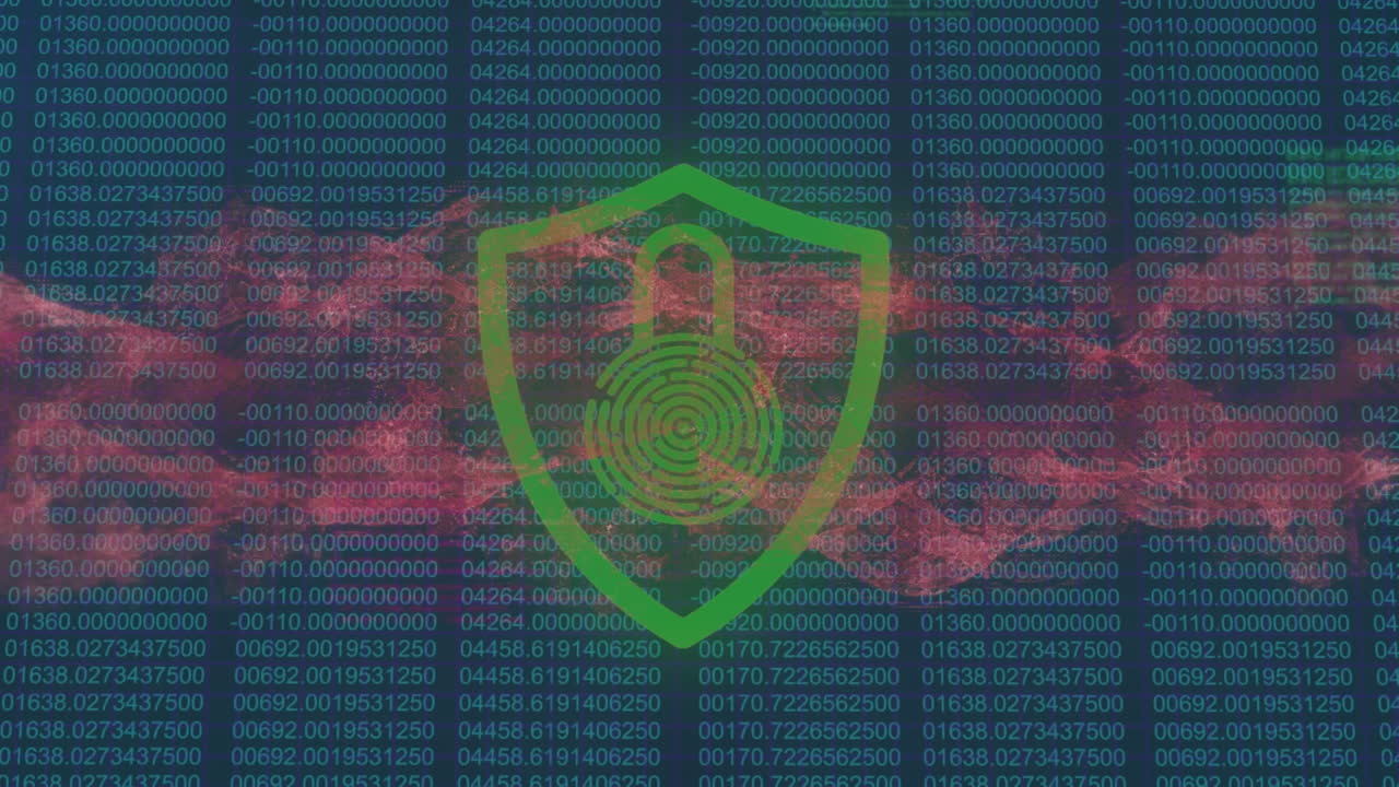 animación del candado con huella digital biométrica, conexiones y procesamiento de datos