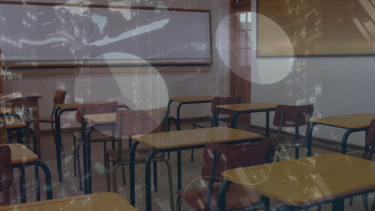Animazione di elaborazione dati finanziari su aula vuota