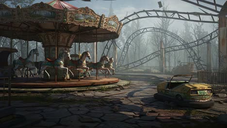 a hauntingly beautiful abandoned amusement park scene featuring a vintage carousel and a rusted ride surrounded by autumn trees and dense fog