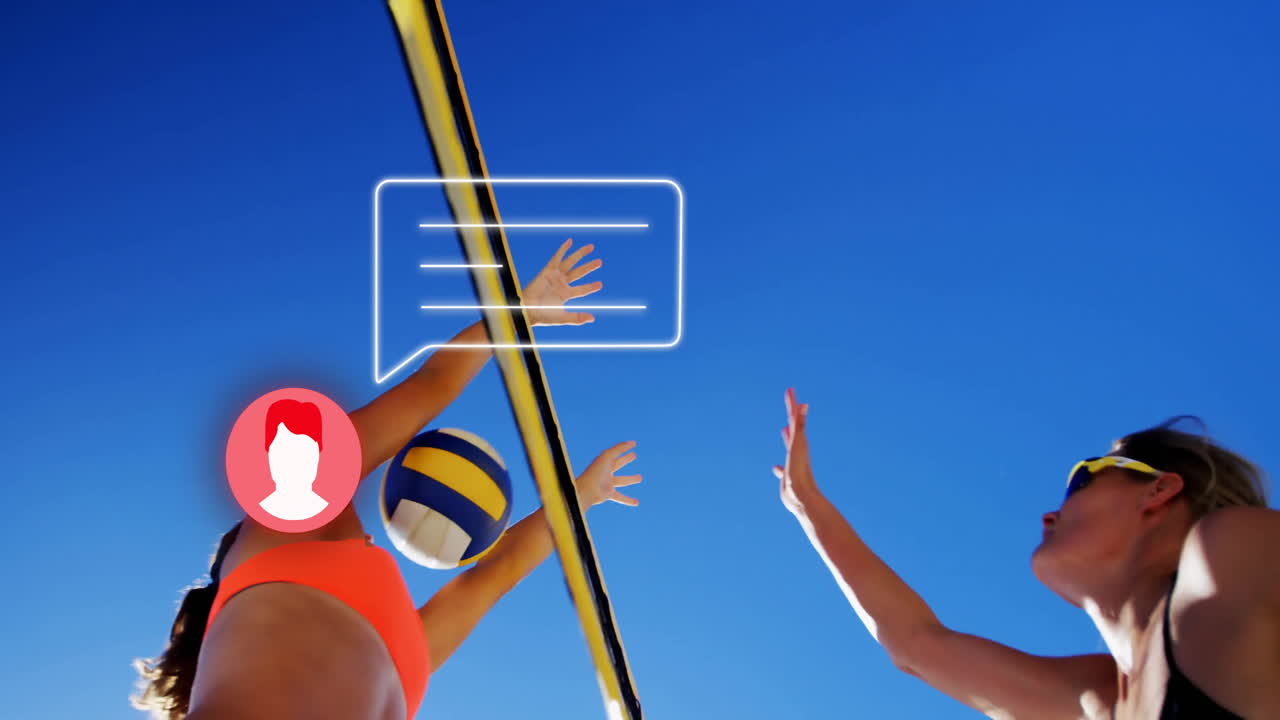 Beach volleyball players reaching for ball with social media notification animation