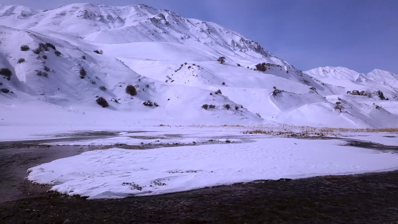 꽁꽁 얼어붙은 강물 위를 날고 흰 눈이 뒤덮인 산 언덕 풍경과 아침 햇살에 겨울 낮에 마른 식물