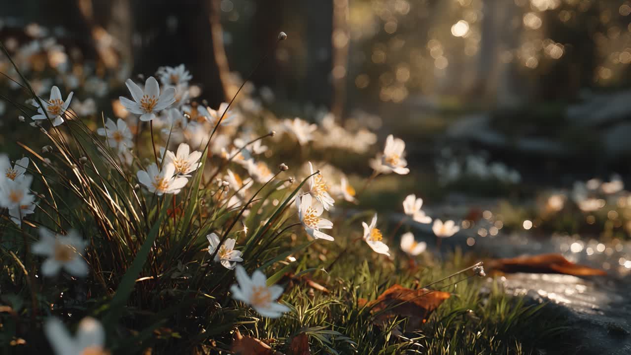 A Serene Morning in Nature: Captivating Close-ups of Wildflowers Glimmering in the Soft Light of Dawn, Surrounded by Trees and Gentle Streams