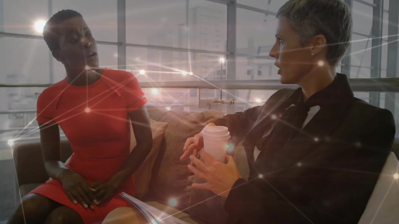 Blazer woman starting lounge business talk by gesturing, red peer replying, net lines linking docs