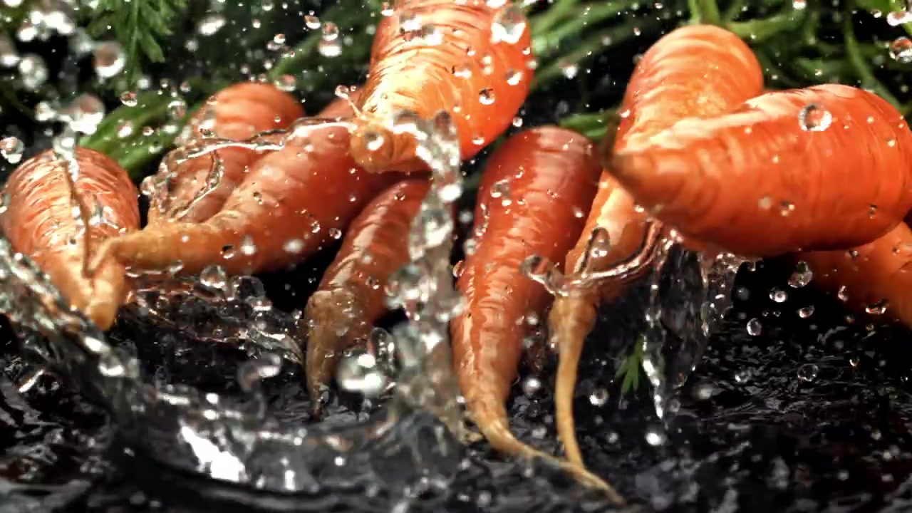 Carote fresche biologiche che cadono e schizzano nell'acqua