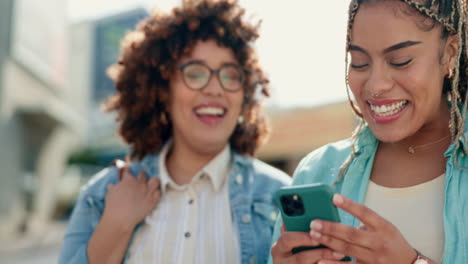 friends, women laughing and phone in city