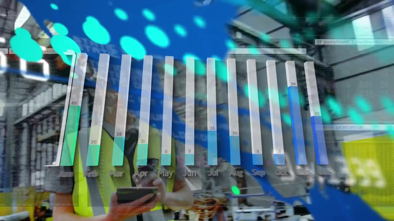 Animation of statistics and green dots moving over caucasian male worker in warehouse