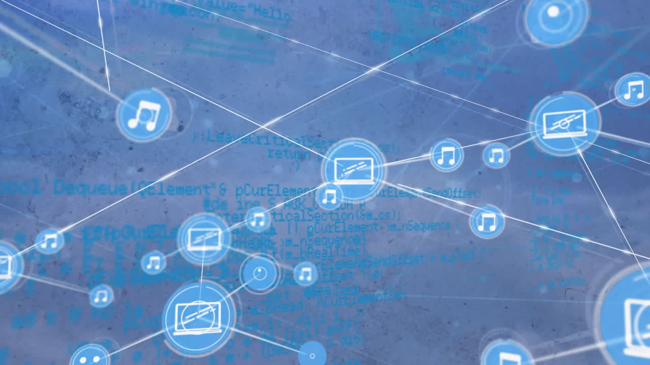 Animation of network of connections with digital icons over clouds