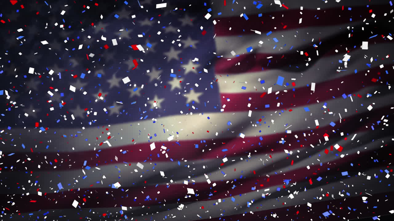 Colorful confetti falling over US flag