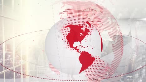 animación del globo y la red de comunicación que gira sobre el paisaje urbano