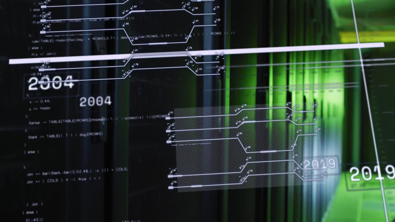 animación del procesamiento de datos contra la sala de servidores de computadoras