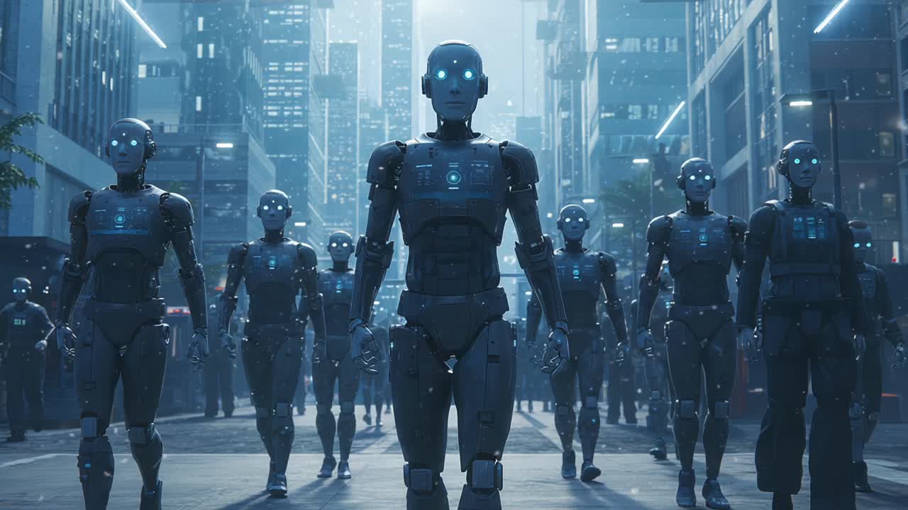 A futuristic cityscape filled with humanoid robots, showcasing advanced technology and artificial intelligence as they march together through a neon-lit urban environment