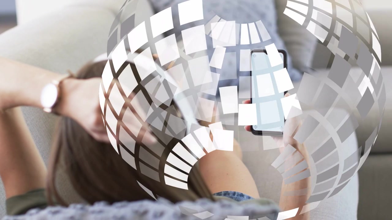 She reclining sofa with phone as mosaic entering, rotating, obscuring phone, receding showing tech