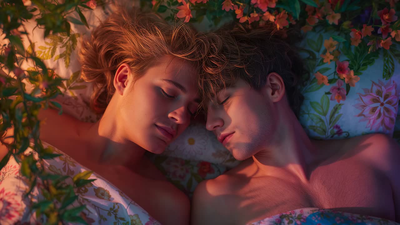 Eyelids fluttering, woman opening eyes and turning to meet man's gaze under floral sheet with vines