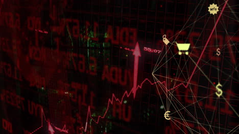 animating stock market data and financial growth over red graphs and currency symbols