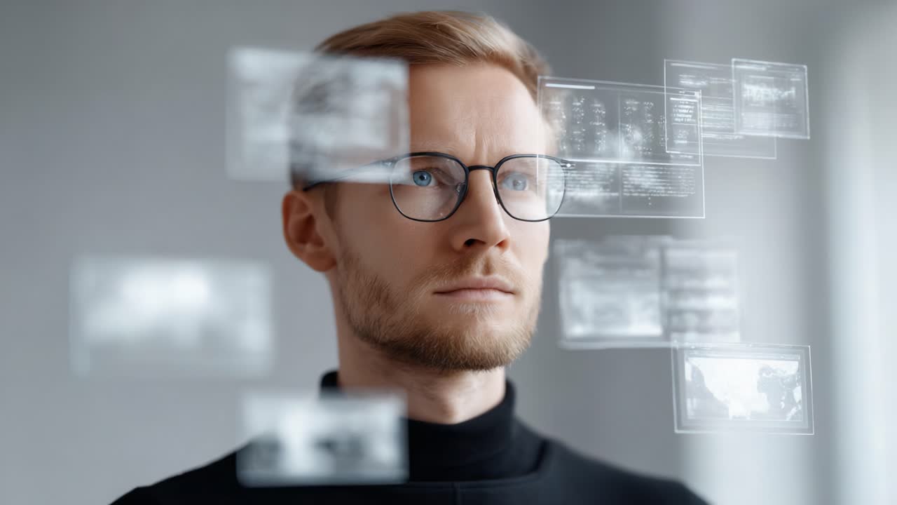 Pensive Individual Engaged in Thought with Augmented Data Projections Surrounding Him, Exploring the Intersection of Technology and Human Perception
