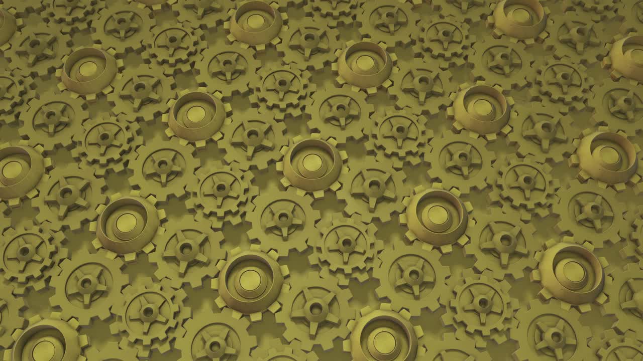 animación 3d de un fondo de contorno sin costuras de engranajes amarillos brillantes soleados, mecanismo giratorio. genial para presentaciones. ponga su propio texto en él