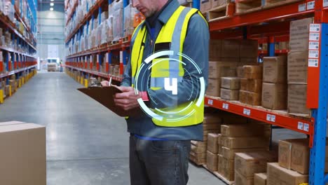 Animation-of-scope-with-countdown-over-caucasian-man-with-clipboard-working-in-warehouse