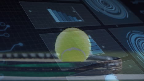tennis ball floating on racket strings, displaying holographic analytics panels in 3d render